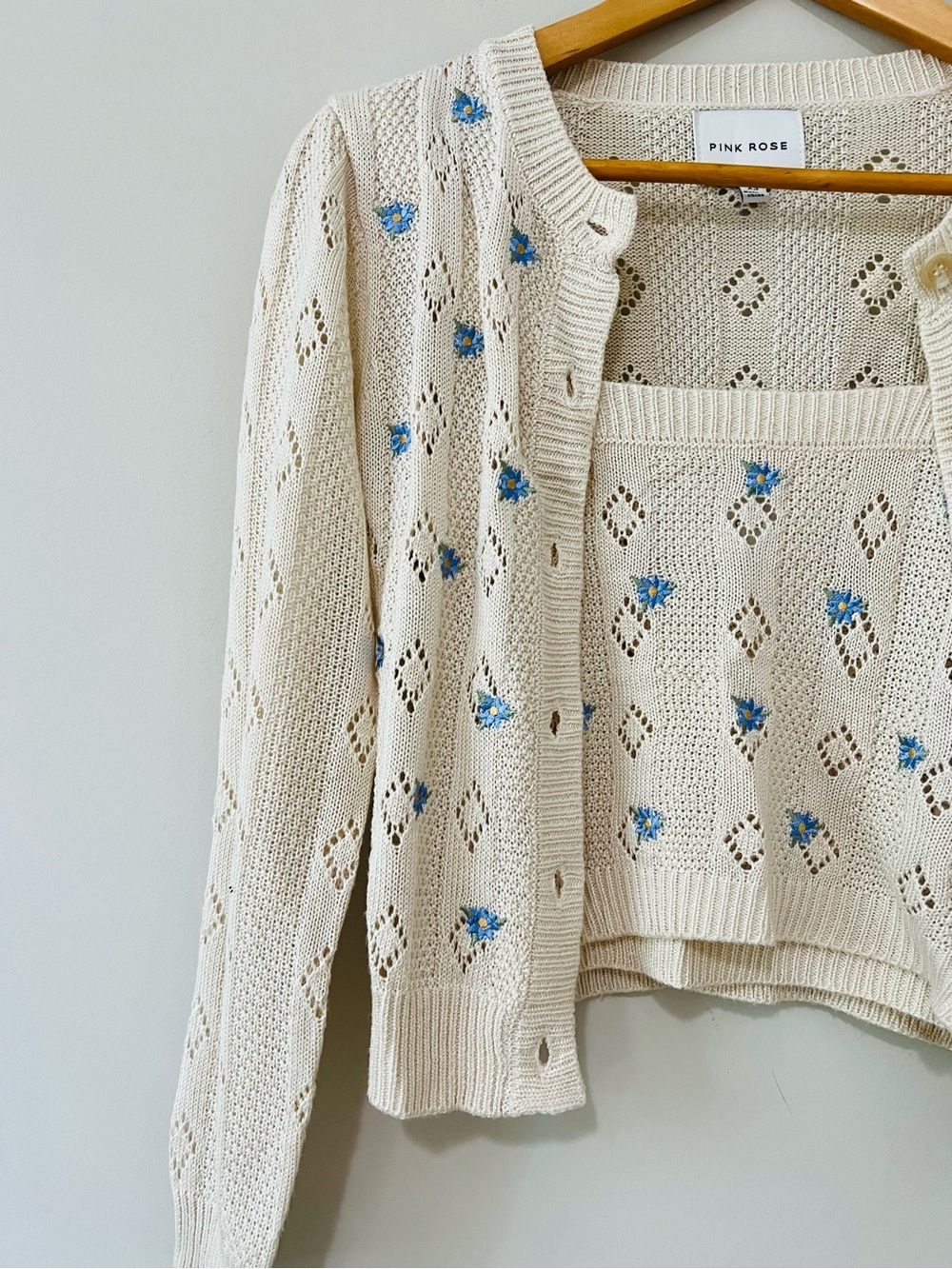 Pink Rose Pointelle Knit Cardigan & Tank Set Blue floral embroidered Cottagecore - Picture 4 of 14